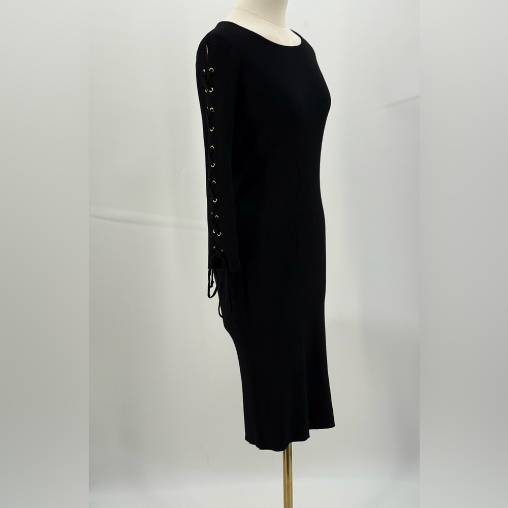 Nina Leonard Black Ribbed Knit Bodycon Long Sleeve Lace-Up Detail Sweater Dress - Picture 4 of 14